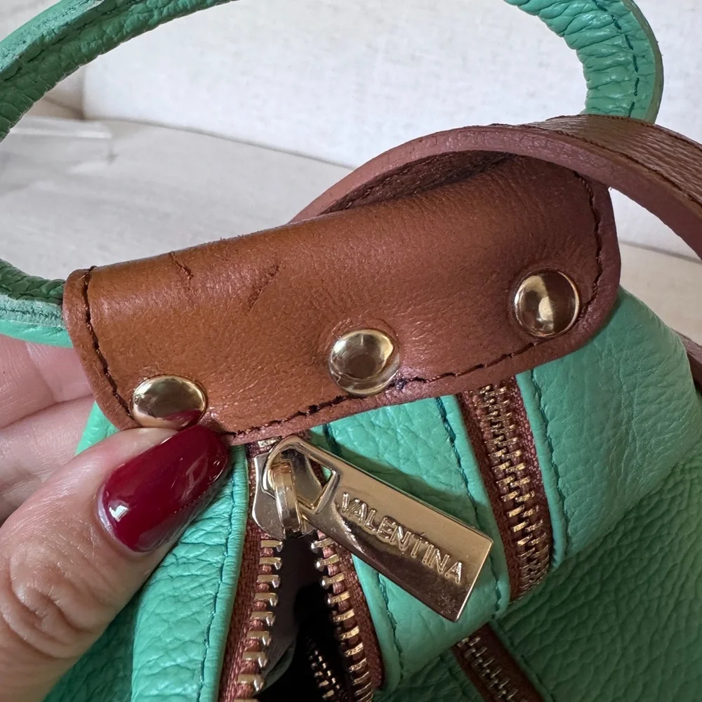 Valentina Italian Pebbled Leather‎ Sling Bag Backpack Purse Mint Green /Brown